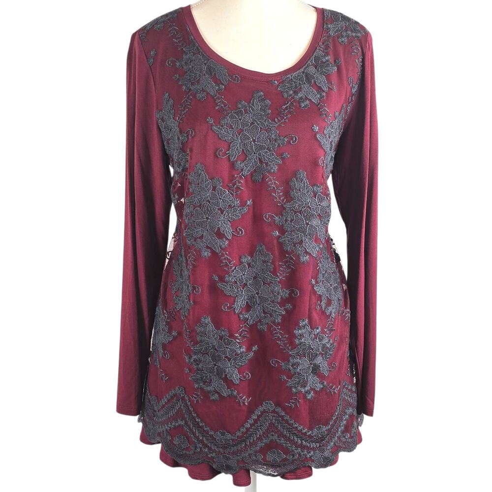 Logo Lavish Womens Small Oversized Blouse Floral Embroidered Burgundy Whimsigoth